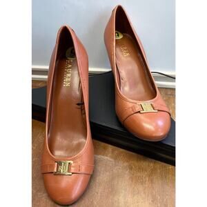 Lauren Ralph Womens 9B Brown Heel Highs Gold Buckle Accent Career Wear FLAWNEW
